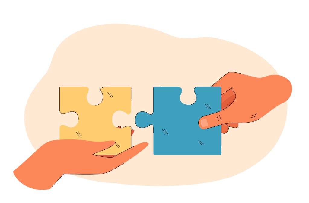26921953 Hands connecting blue and yellow puzzle flat vector illustration 2